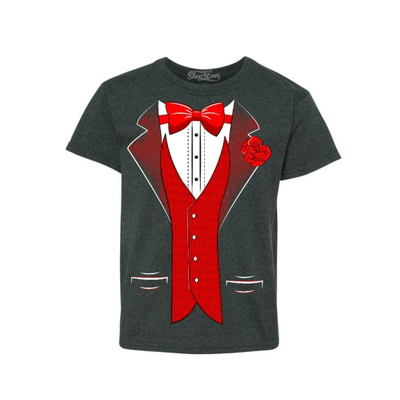 Shop4Ever Kids Red Bow Tie Classic Tuxedo with Rose Flower Graphic Child's Youth T-Shirt Medium Dark Heather
