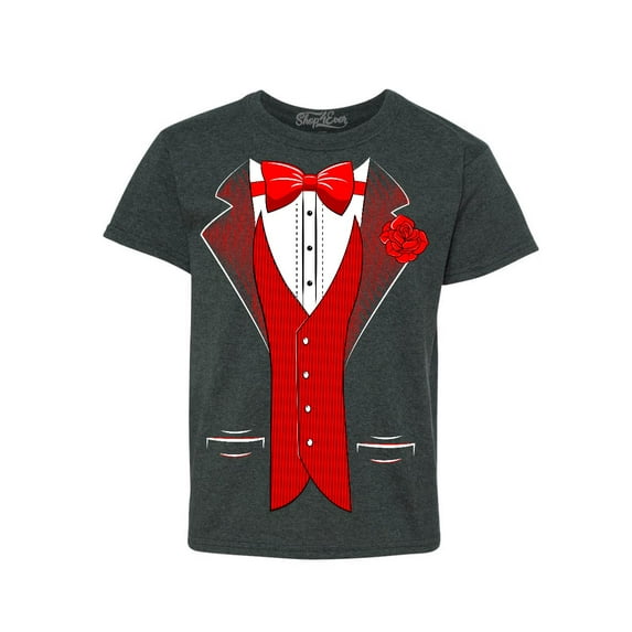 Shop4Ever Kids Red Bow Tie Classic Tuxedo with Rose Flower Graphic Child's Youth T-Shirt Medium Dark Heather