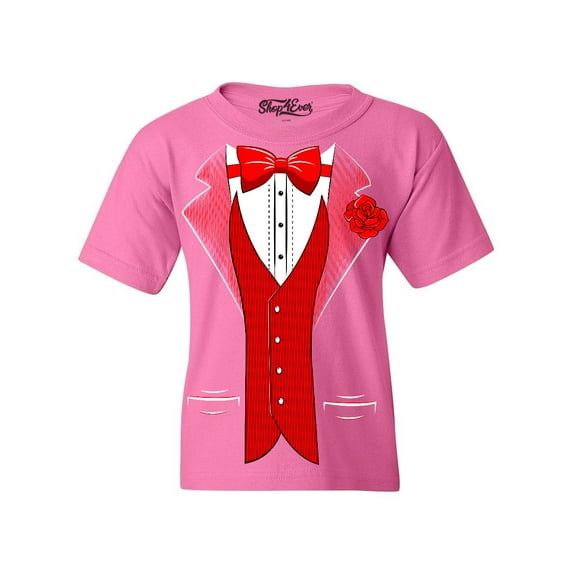 Shop4Ever Kids Red Bow Tie Classic Tuxedo with Rose Flower Graphic Child's Youth T-Shirt X-Large Azalea Pink