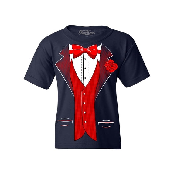Shop4Ever Kids Red Bow Tie Classic Tuxedo with Rose Flower Graphic Child's Youth T-Shirt X-Large Navy Blue