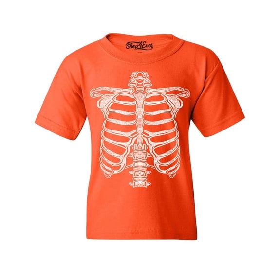 Shop4Ever Kids Skeleton Ribcage Skull Halloween Costume Graphic Child's Youth T-Shirt X-Small Orange