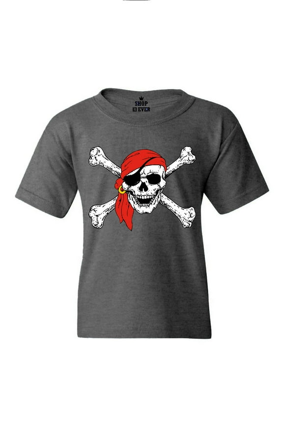 Kids Skull and Crossbones Pirate Flag Graphic Child's Youth T-Shirt Medium Dark Heather