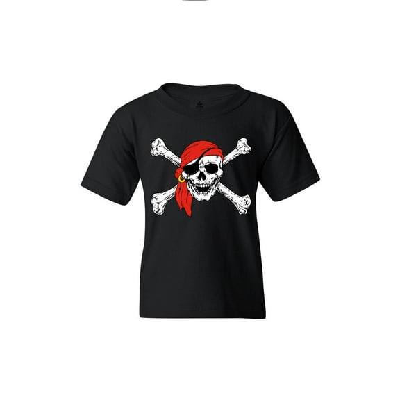 Shop4Ever Kids Skull and Crossbones Pirate Flag Graphic Child's Youth T-Shirt Small Black