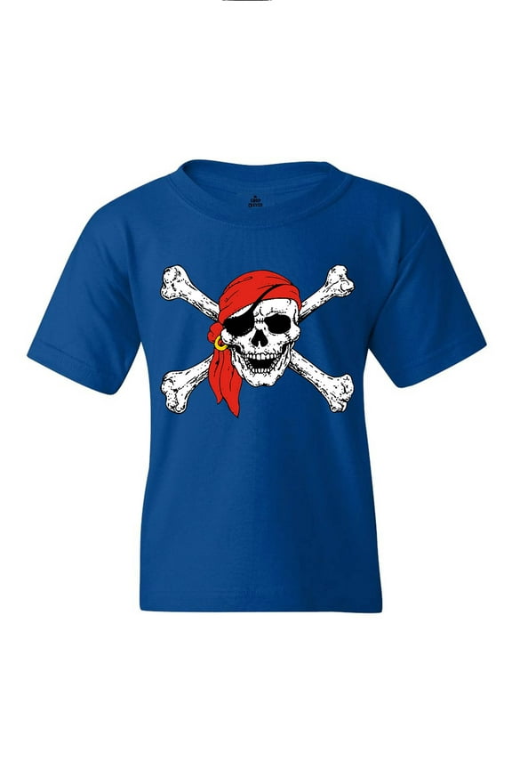 Kids Skull and Crossbones Pirate Flag Graphic Child's Youth T-Shirt X-Small Royal Blue