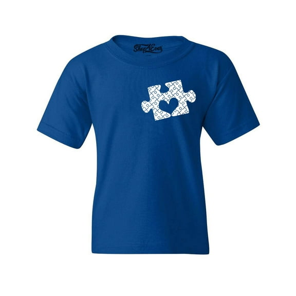 Shop4Ever Kids Small Heart Puzzle Piece Autism Awareness Graphic Child's Youth T-Shirt Small Royal Blue