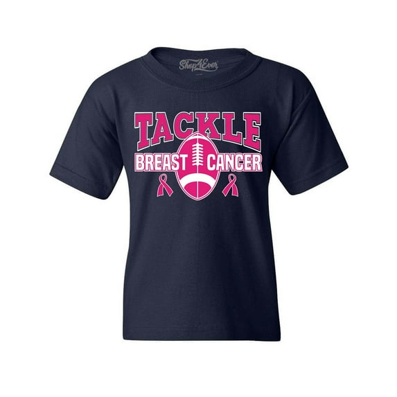 Shop4Ever Kids Tackle Breast Cancer Ribbon Awareness Graphic Child's Youth T-Shirt Small Navy Blue