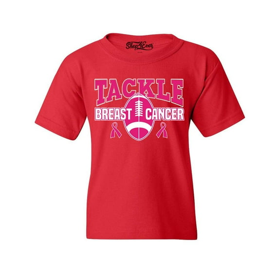 Shop4Ever Kids Tackle Breast Cancer Ribbon Awareness Graphic Child's Youth T-Shirt Small Red