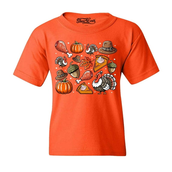 Shop4Ever Kids Thanksgiving Fall Collage Turkey Pilgrim Pumpkin Pie Graphic Child's Youth T-Shirt Small Orange