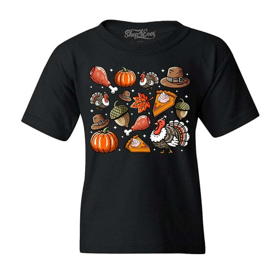 Shop4Ever Kids Thanksgiving Fall Collage Turkey Pilgrim Pumpkin Pie Graphic Child's Youth T-Shirt X-Large Black