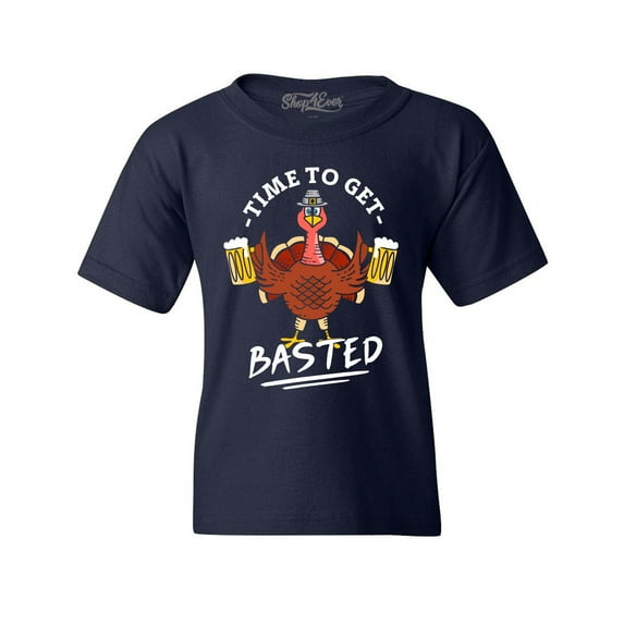 Shop4Ever Kids Time to Get Basted Thanksgiving Turkey Graphic Child's Youth T-Shirt Large Navy Blue