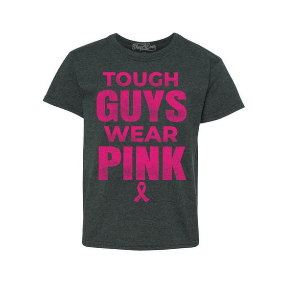 Shop4Ever Kids Tough Guys Wear Pink Breast Cancer Awareness Graphic Child's Youth T-Shirt Medium Dark Heather