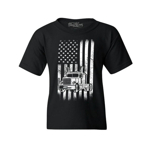 Shop4Ever Kids Trucker American Flag USA Graphic Child's Youth T-Shirt Small Black