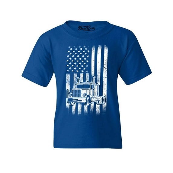 Shop4Ever Kids Trucker American Flag USA Graphic Child's Youth T-Shirt X-Small Royal Blue