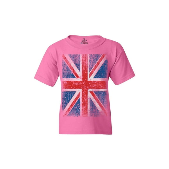 Shop4Ever Kids Union Jack British Flag UK Graphic Child's Youth T-Shirt Large Azalea Pink