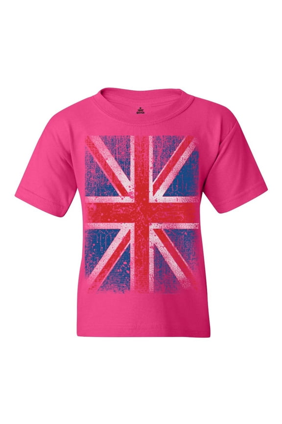 Kids Union Jack British Flag UK Graphic Child's Youth T-Shirt Large Heliconia Pink