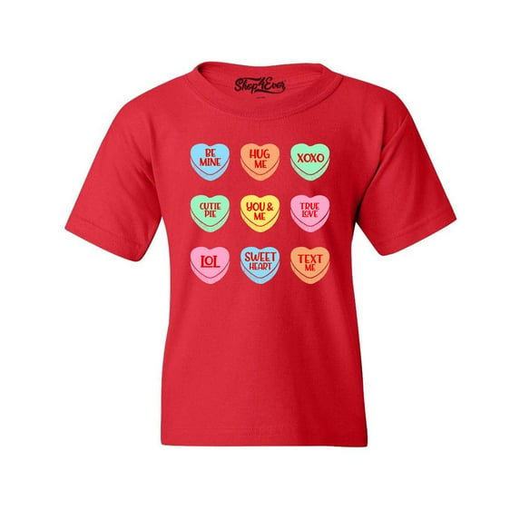 Shop4Ever Kids Valentine's Day Candy Hearts Conversation Heart Graphic Child's Youth T-Shirt Large Red