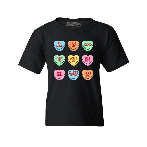 Shop4Ever Kids Valentine's Day Candy Hearts Conversation Heart Graphic Child's Youth T-Shirt Medium Black