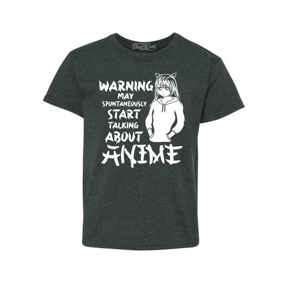 Shop4Ever Kids Warning May Start Spontaneously Talking About Anime Graphic Child's Youth T-Shirt Large Dark Heather