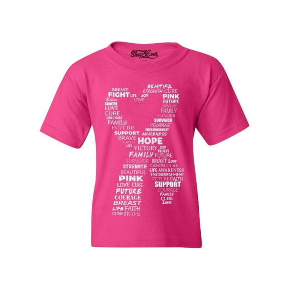 Shop4Ever Kids White Ribbon Heart Montage Cloud Breast Cancer Graphic Child's Youth T-Shirt Small Heliconia Pink