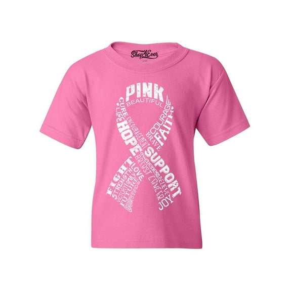 Shop4Ever Kids White Ribbon Montage Word Cloud Breast Cancer Graphic Child's Youth T-Shirt Small Azalea Pink