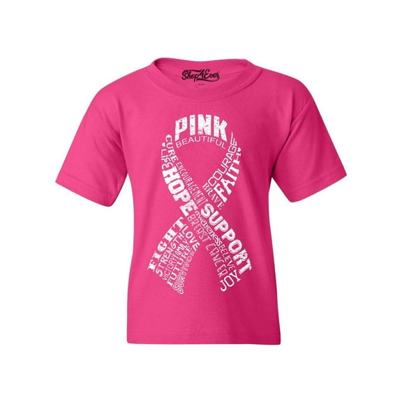 Shop4Ever Kids White Ribbon Montage Word Cloud Breast Cancer Graphic Child's Youth T-Shirt Small Heliconia Pink