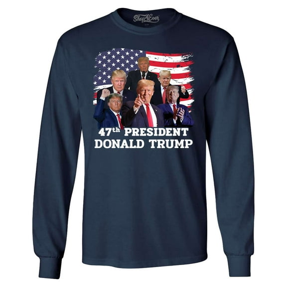 Shop4Ever Men's 47th President Donald Trump American Flag Collage Long Sleeve Shirt XX-Large Navy