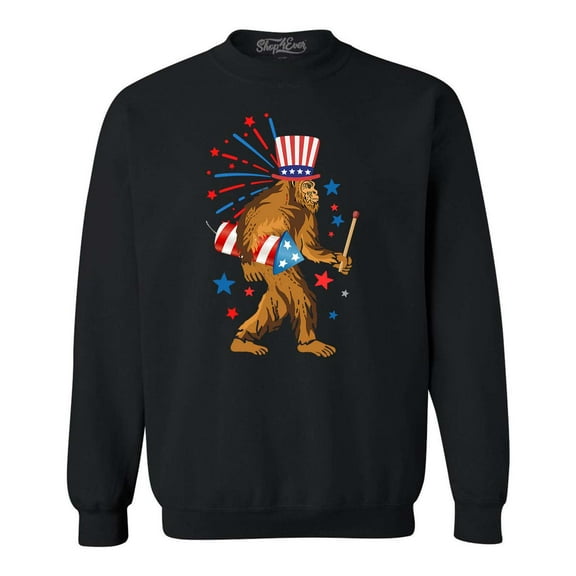 Shop4Ever Men's 4th of July Bigfoot Patriotic Sasquatch Fireworks Crewneck Sweatshirt XXXXX-Large Black