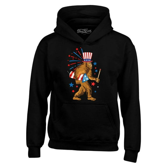 Shop4Ever Men's 4th of July Bigfoot Patriotic Sasquatch Fireworks Hooded Sweatshirt Hoodie Small Black