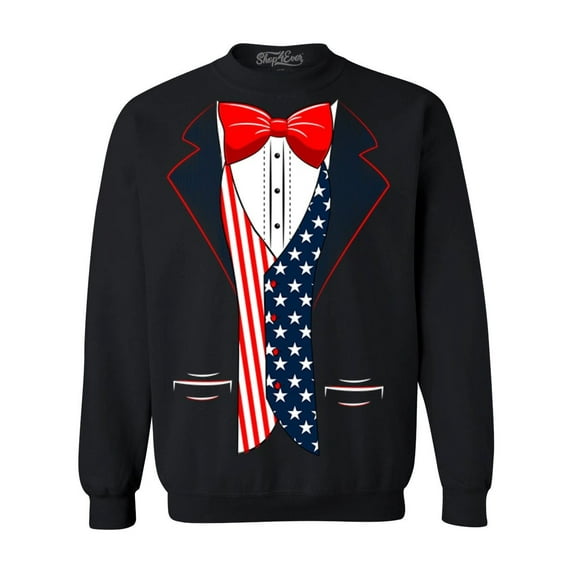 Shop4Ever Men's 4th of July USA Tuxedo American Flag Costume Crewneck Sweatshirt Small Black