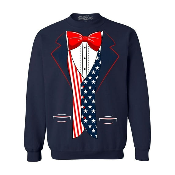 Shop4Ever Men's 4th of July USA Tuxedo American Flag Costume Crewneck Sweatshirt X-Large Navy