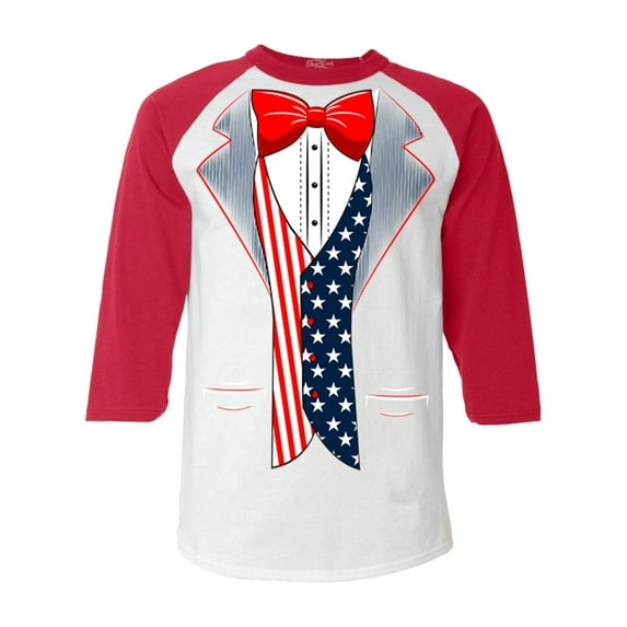 Shop4Ever Men's 4th of July USA Tuxedo American Flag Costume Raglan Baseball Shirt Medium White/Red