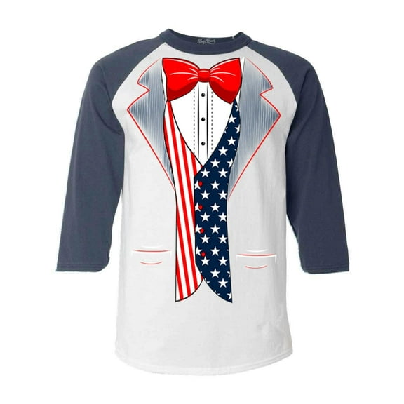 Shop4Ever Men's 4th of July USA Tuxedo American Flag Costume Raglan Baseball Shirt X-Small White/Navy