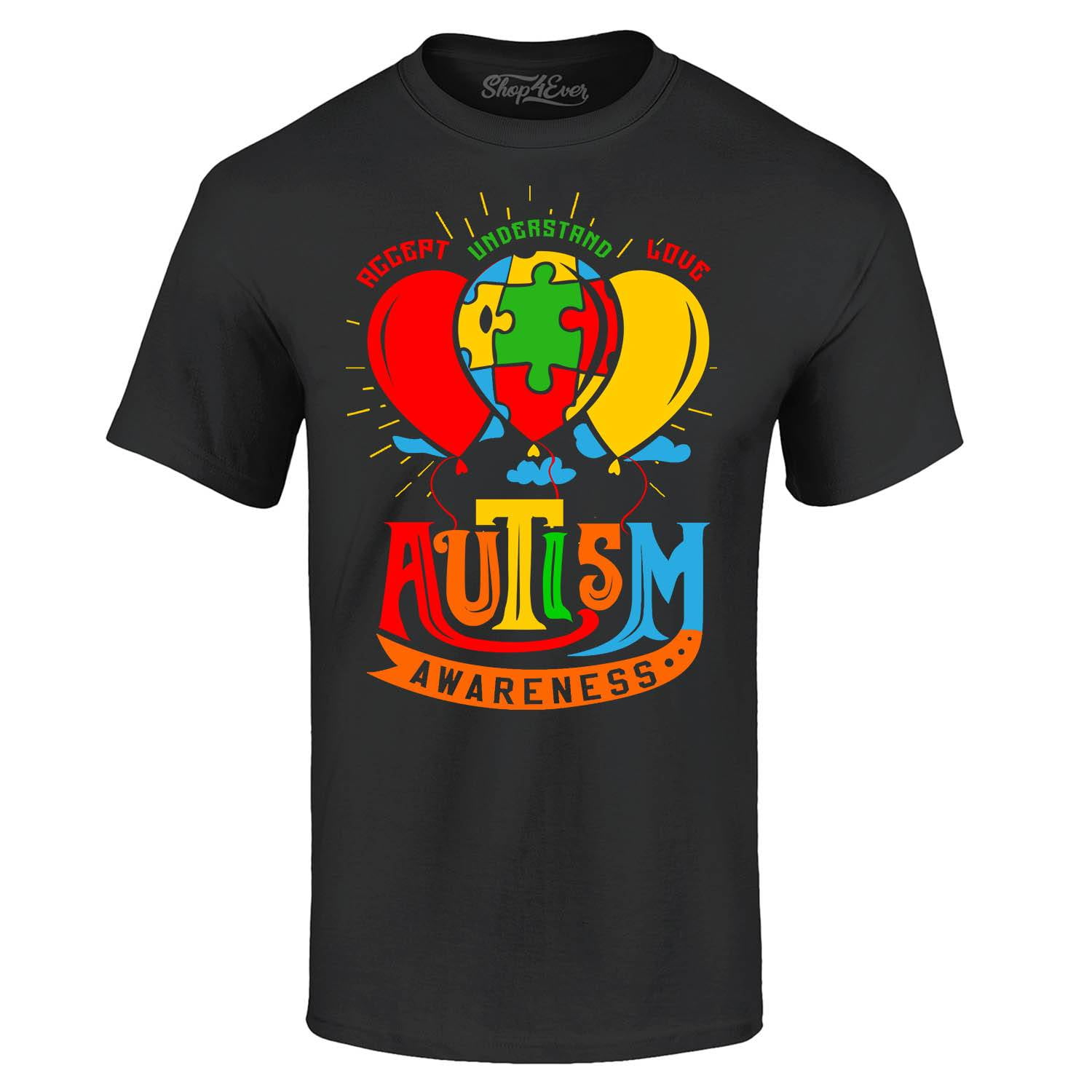 Shop4Ever Men's Accept Understand Love Autism Awareness Balloons Graphic T-shirt Medium Black