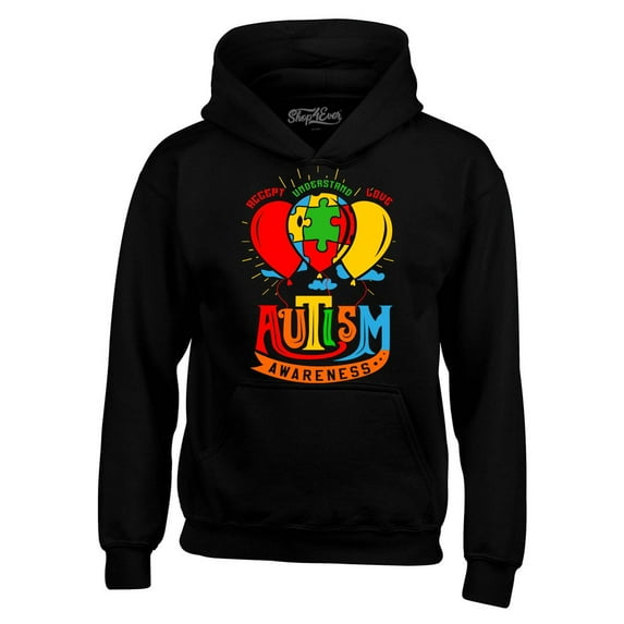 Shop4Ever Men's Accept Understand Love Autism Awareness Balloons Hooded Sweatshirt Hoodie Large Black
