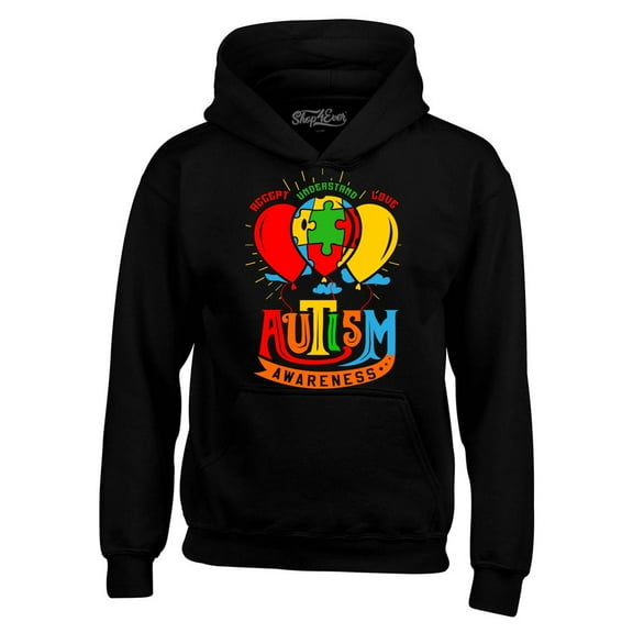 Shop4Ever Men's Accept Understand Love Autism Awareness Balloons Hooded Sweatshirt Hoodie X-Large Black