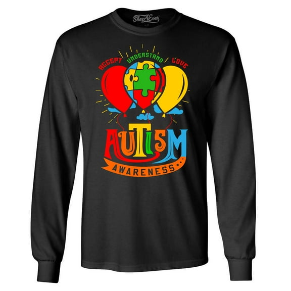 Shop4Ever Men's Accept Understand Love Autism Awareness Balloons Long Sleeve Shirt 2XL Black