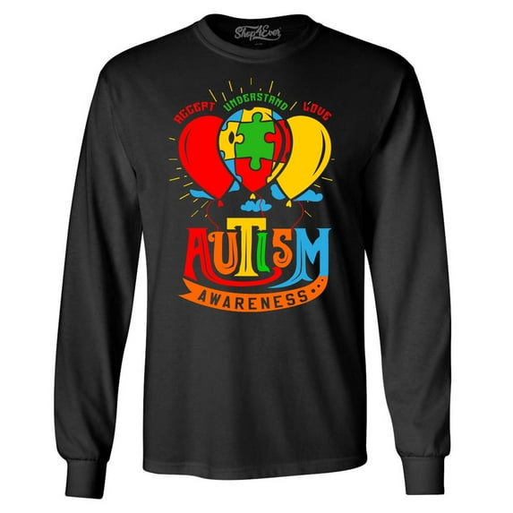 Shop4Ever Men's Accept Understand Love Autism Awareness Balloons Long Sleeve Shirt Medium Black