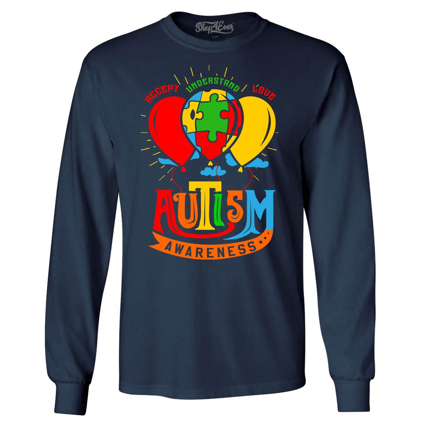 Shop4Ever Men's Accept Understand Love Autism Awareness Balloons Long Sleeve Shirt Small Navy