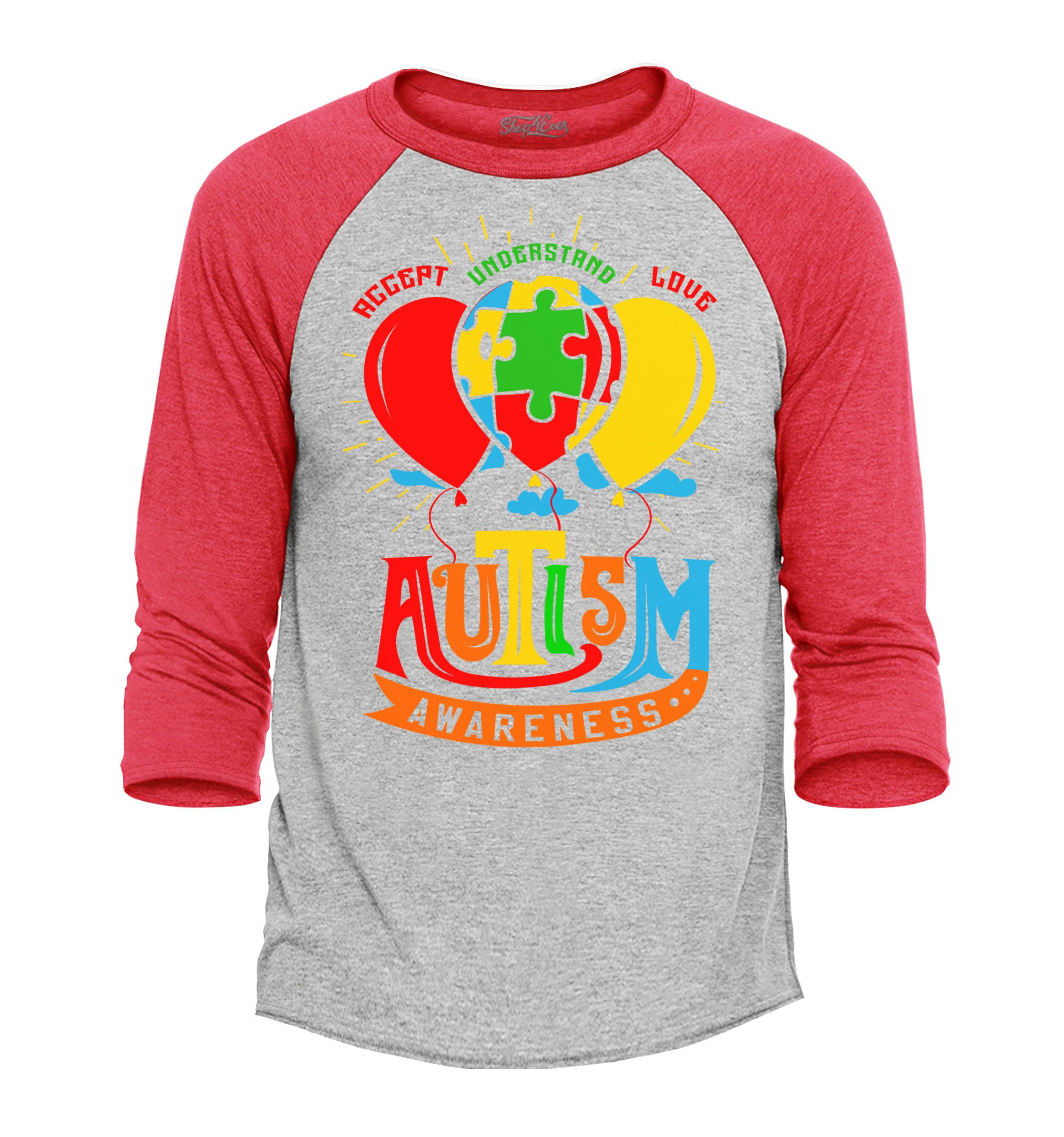 Shop4Ever Men's Accept Understand Love Autism Awareness Balloons Raglan Baseball Shirt Large Heather Grey/Red