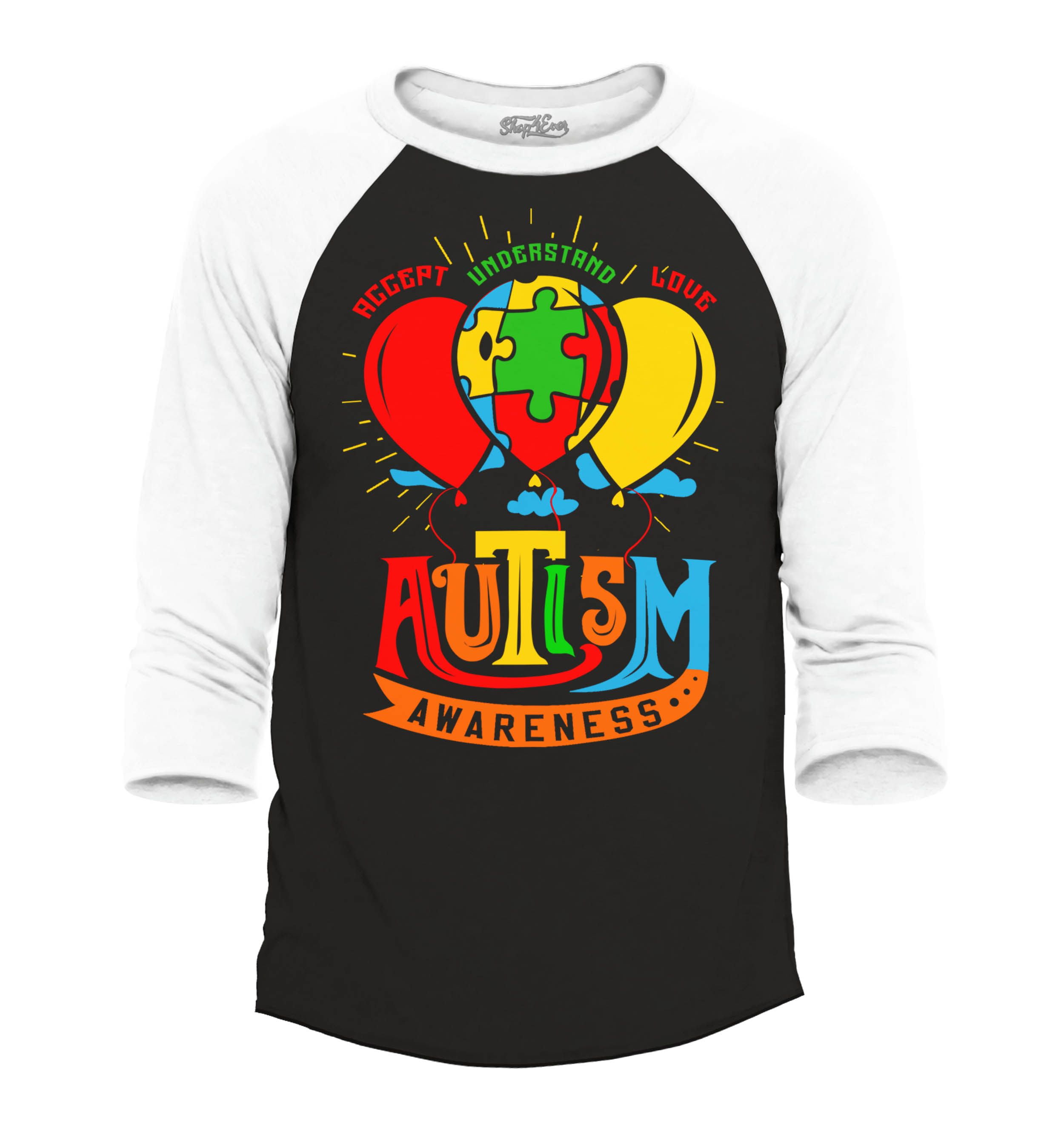Shop4Ever Men's Accept Understand Love Autism Awareness Balloons Raglan Baseball Shirt Medium Black/White