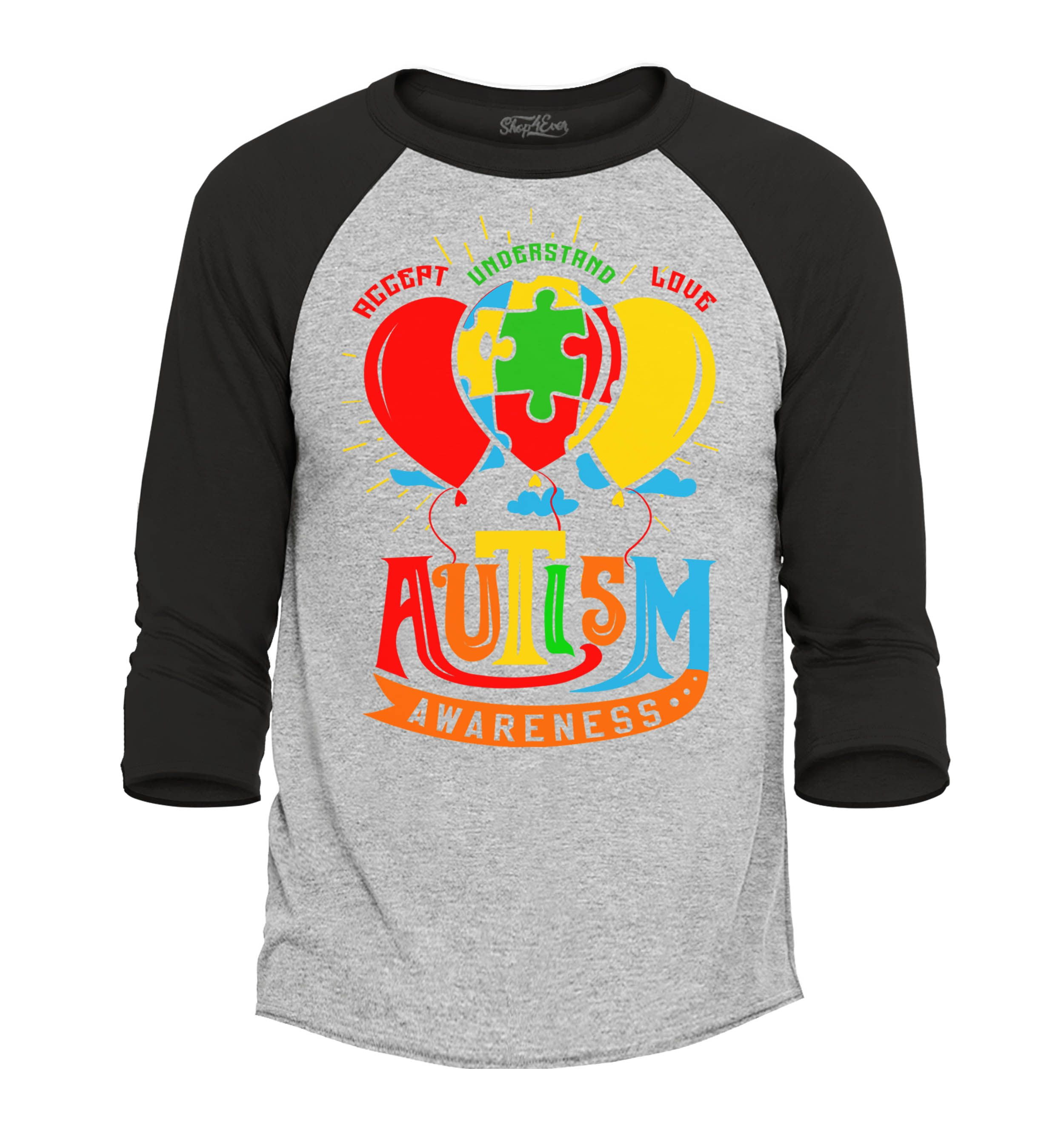 Shop4Ever Men's Accept Understand Love Autism Awareness Balloons Raglan Baseball Shirt Medium Heather Grey/Black