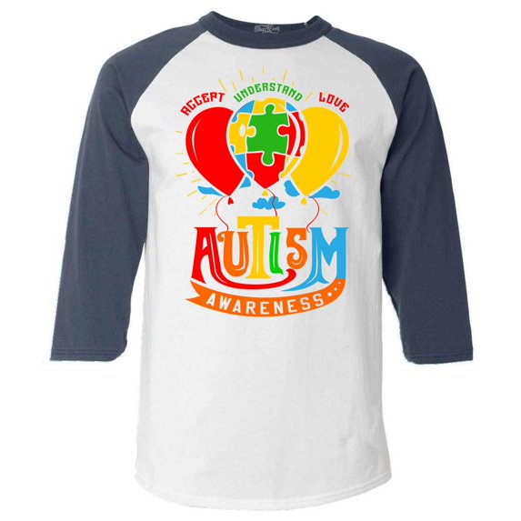 Shop4Ever Men's Accept Understand Love Autism Awareness Balloons Raglan Baseball Shirt XXX-LargeWhite/Navy