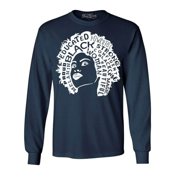Shop4Ever Men's African American Woman Afro Word Cloud Long Sleeve Shirt Large Navy