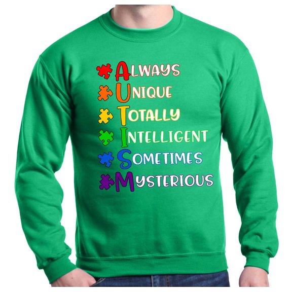 Shop4Ever Men's Always Unique Autism Awareness Crewneck Sweatshirt X-Large Irish Green