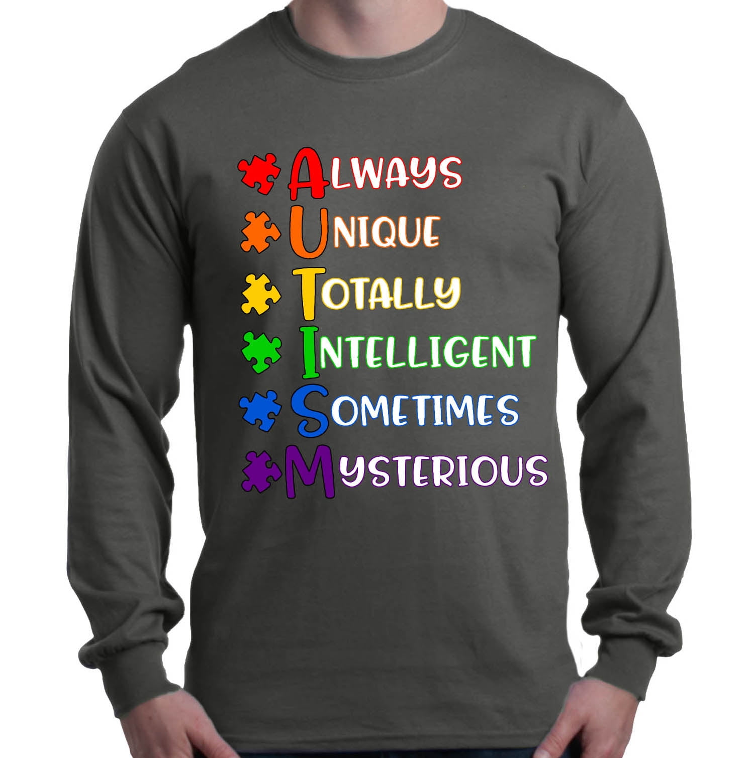 Shop4Ever Men's Always Unique Autism Awareness Long Sleeve Shirt Large Charcoal