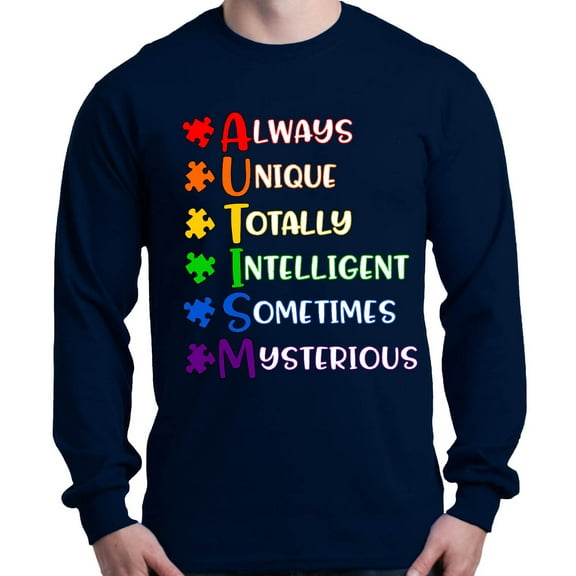 Shop4Ever Men's Always Unique Autism Awareness Long Sleeve Shirt Medium Navy