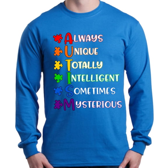 Shop4Ever Men's Always Unique Autism Awareness Long Sleeve Shirt Medium Royal Blue