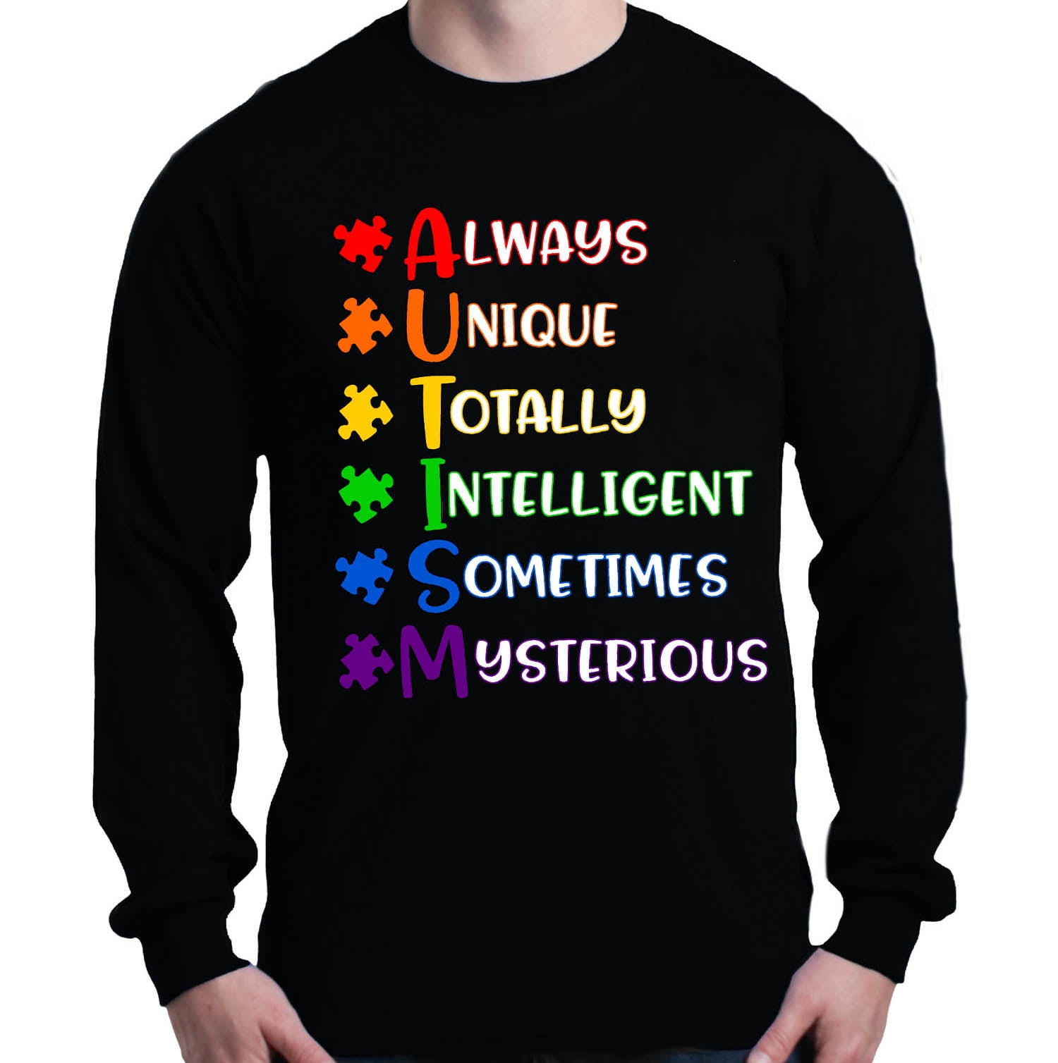 Shop4Ever Men's Always Unique Autism Awareness Long Sleeve Shirt X-Large Black
