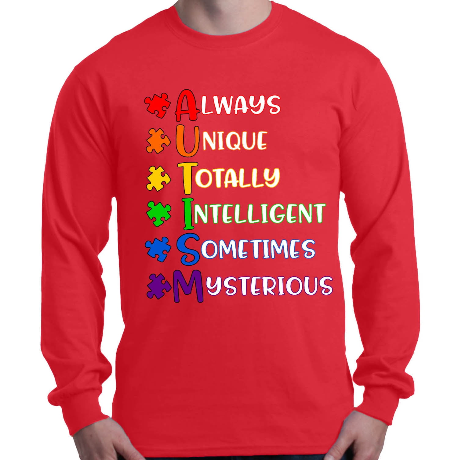 Shop4Ever Men's Always Unique Autism Awareness Long Sleeve Shirt X-Large Red