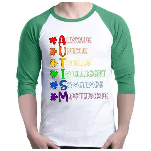 Shop4Ever Men's Always Unique Autism Awareness Raglan Baseball Shirt Medium White/Kelly